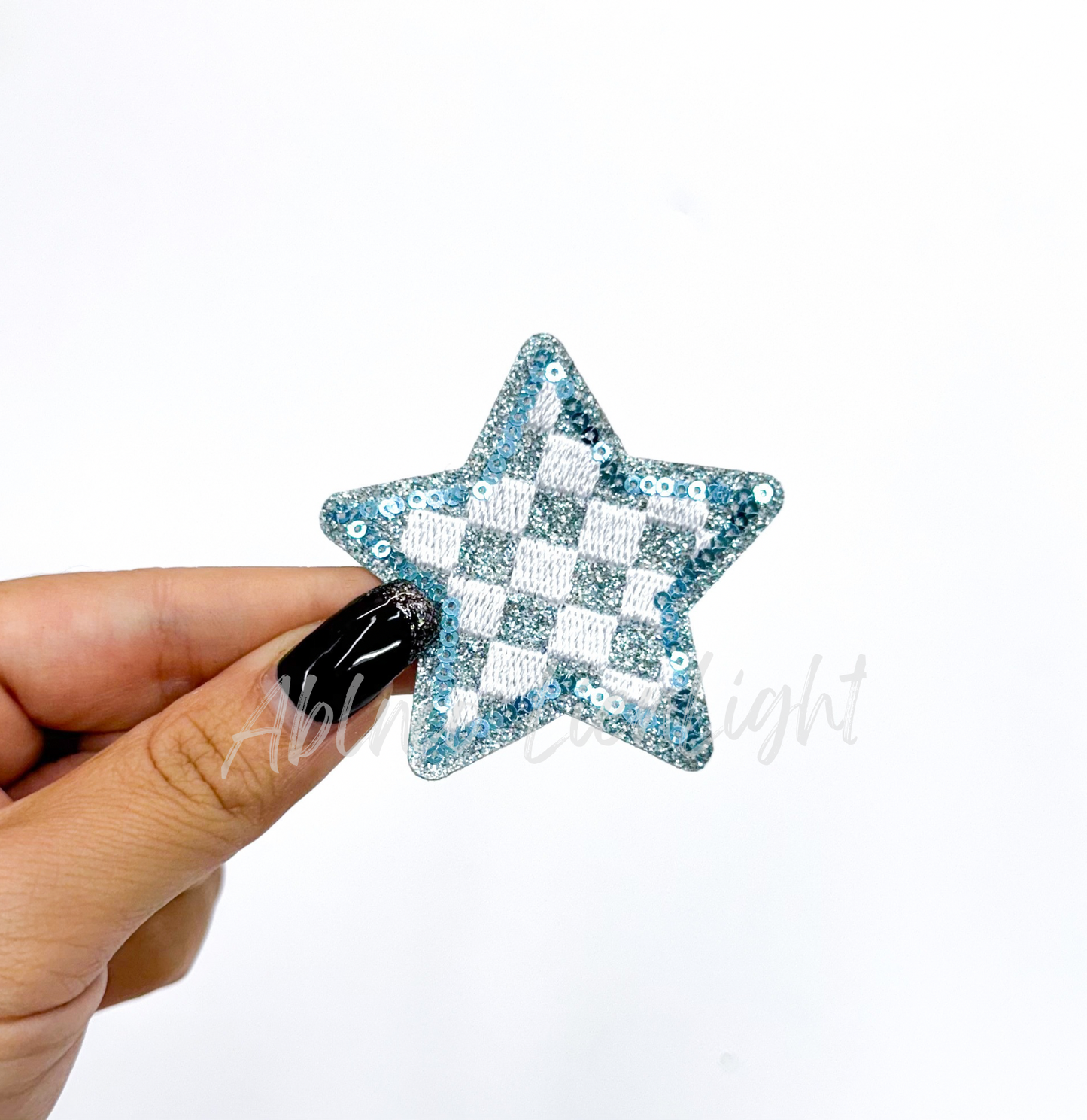 Light Blue Checkered Star Embroidery Sequin Patch