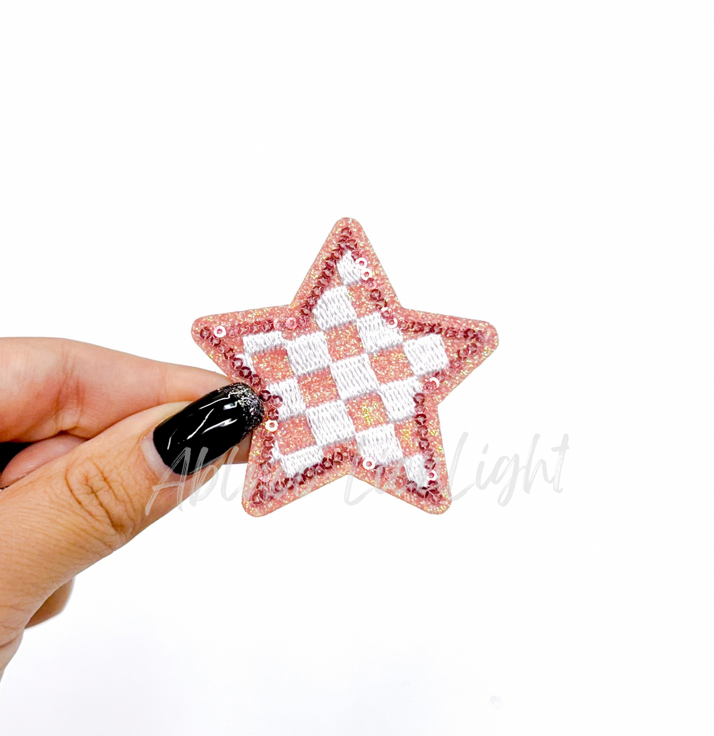 Pink Checkered Star Embroidery Sequin Patch