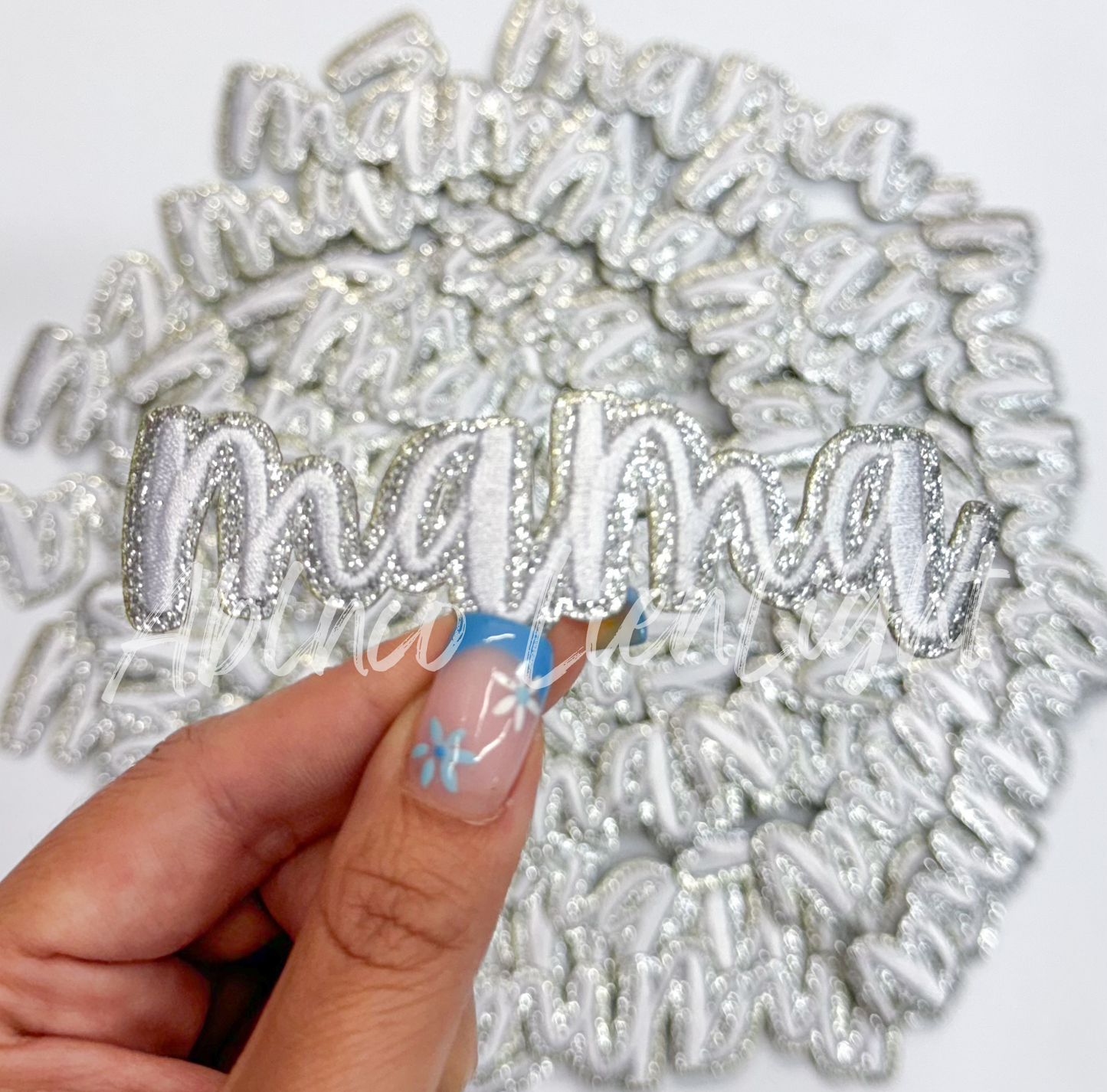 White Cursive Mama Embroidery Patch