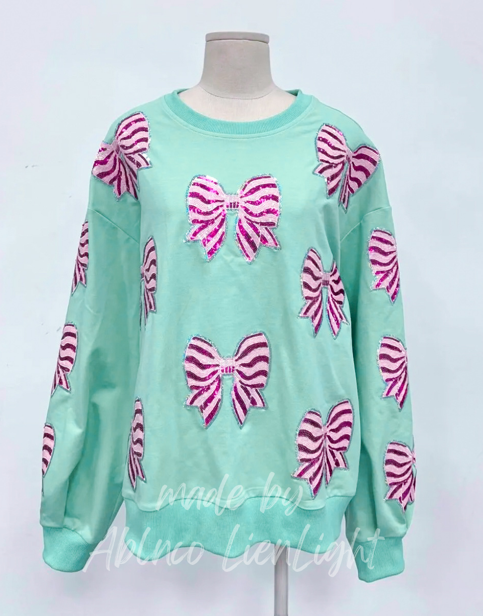 Sparkles Sequins Preppy Pink Bows Mint Sweatshirt