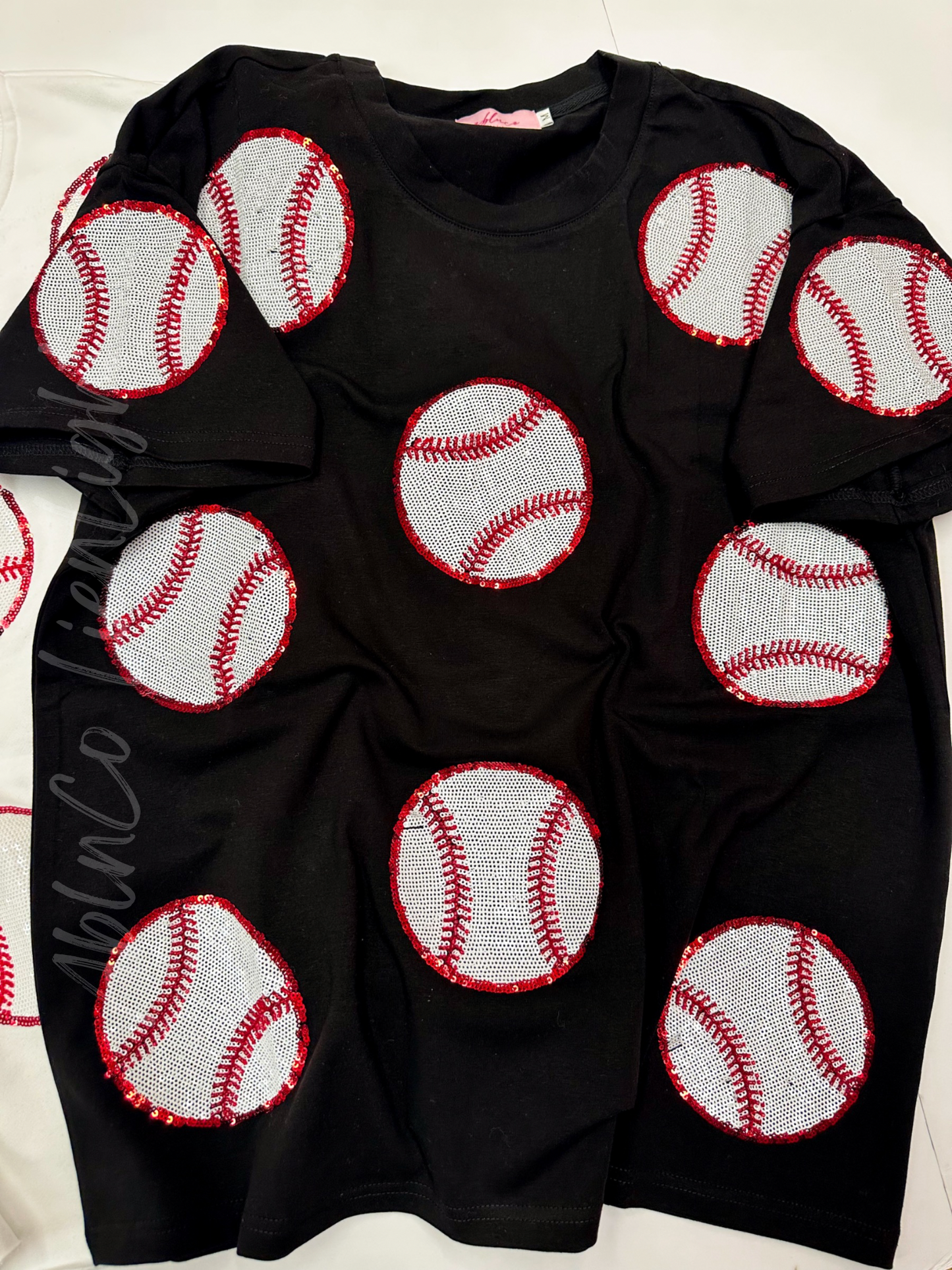 Baseball Beading Sparkles Sequins Black Tshirt