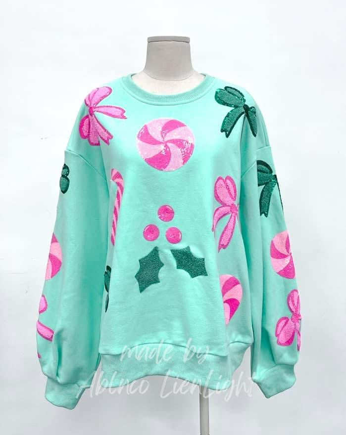 Sparkles Sequins Pink Candy Cane Bows Mint Sweatshirt