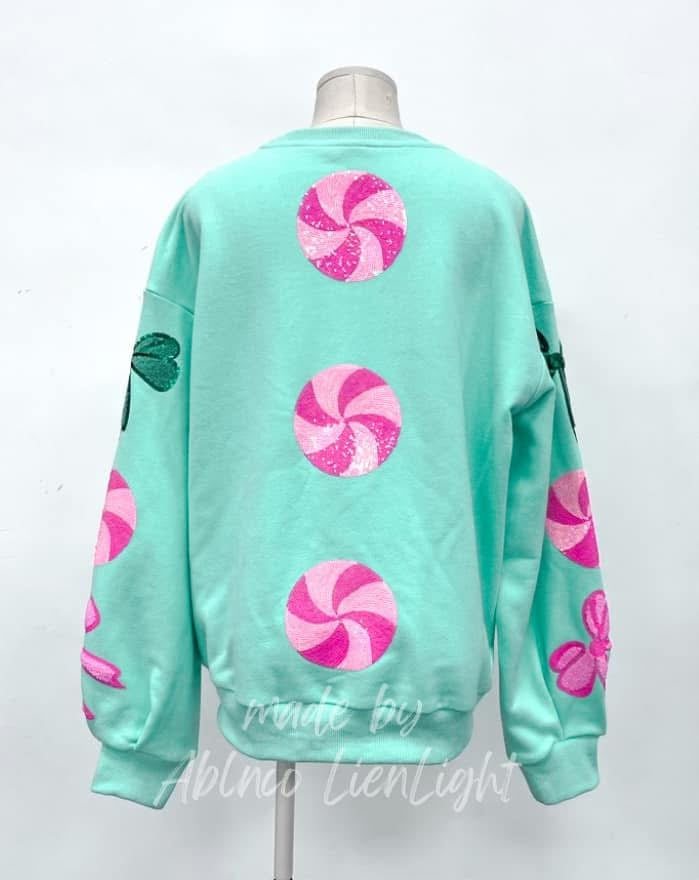 Sparkles Sequins Pink Candy Cane Bows Mint Sweatshirt