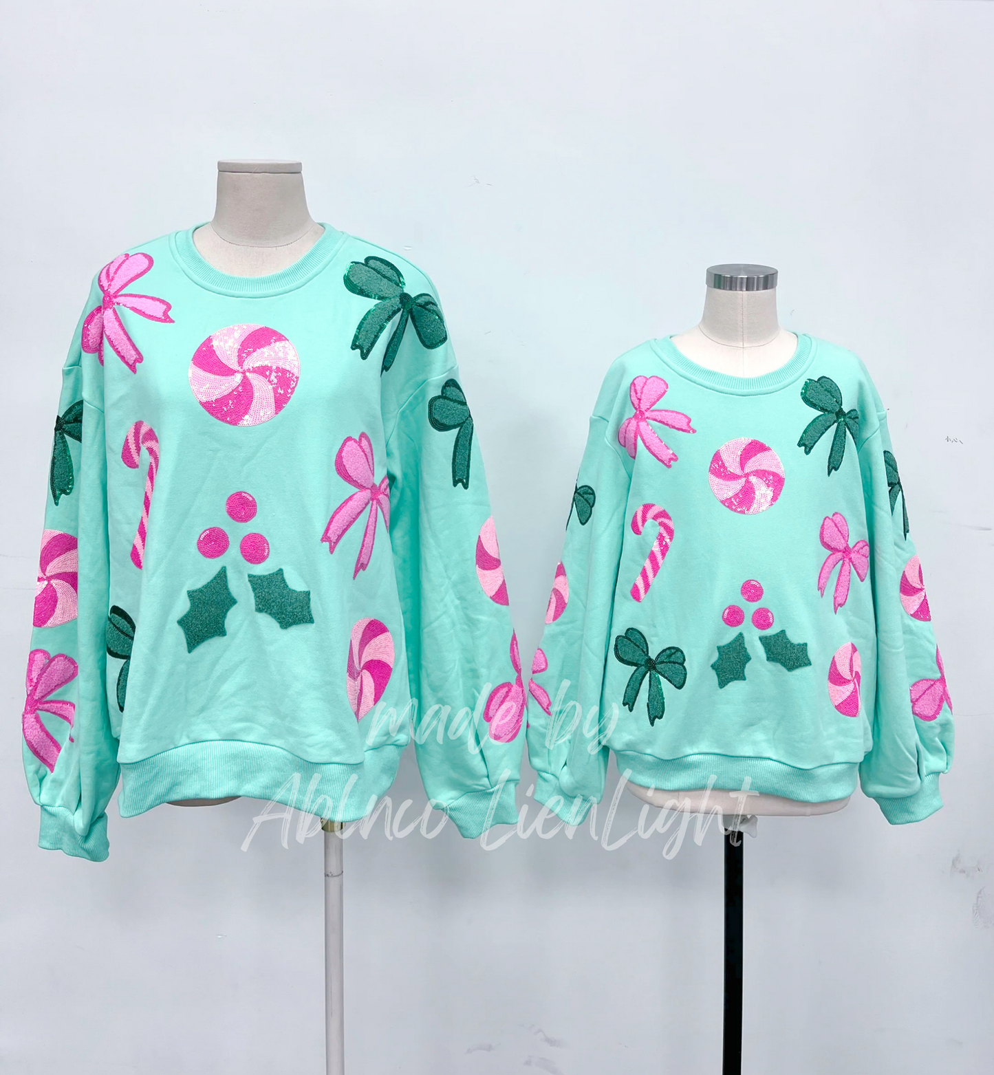 Sparkles Sequins Pink Candy Cane Bows Mint Sweatshirt