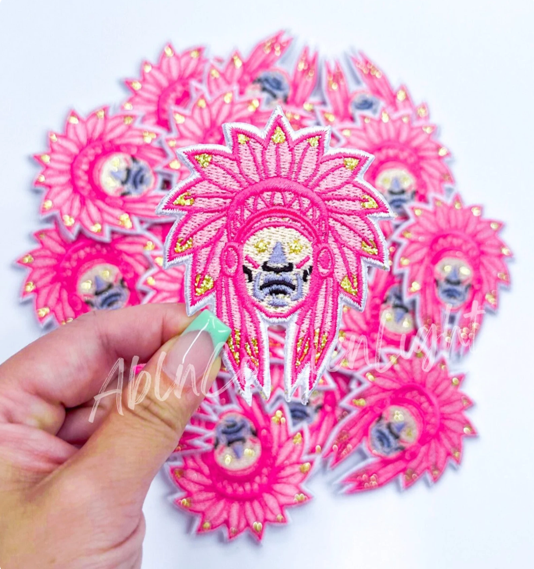 Pink Indian Chiefs Mascot © Embroidery Hat Patch
