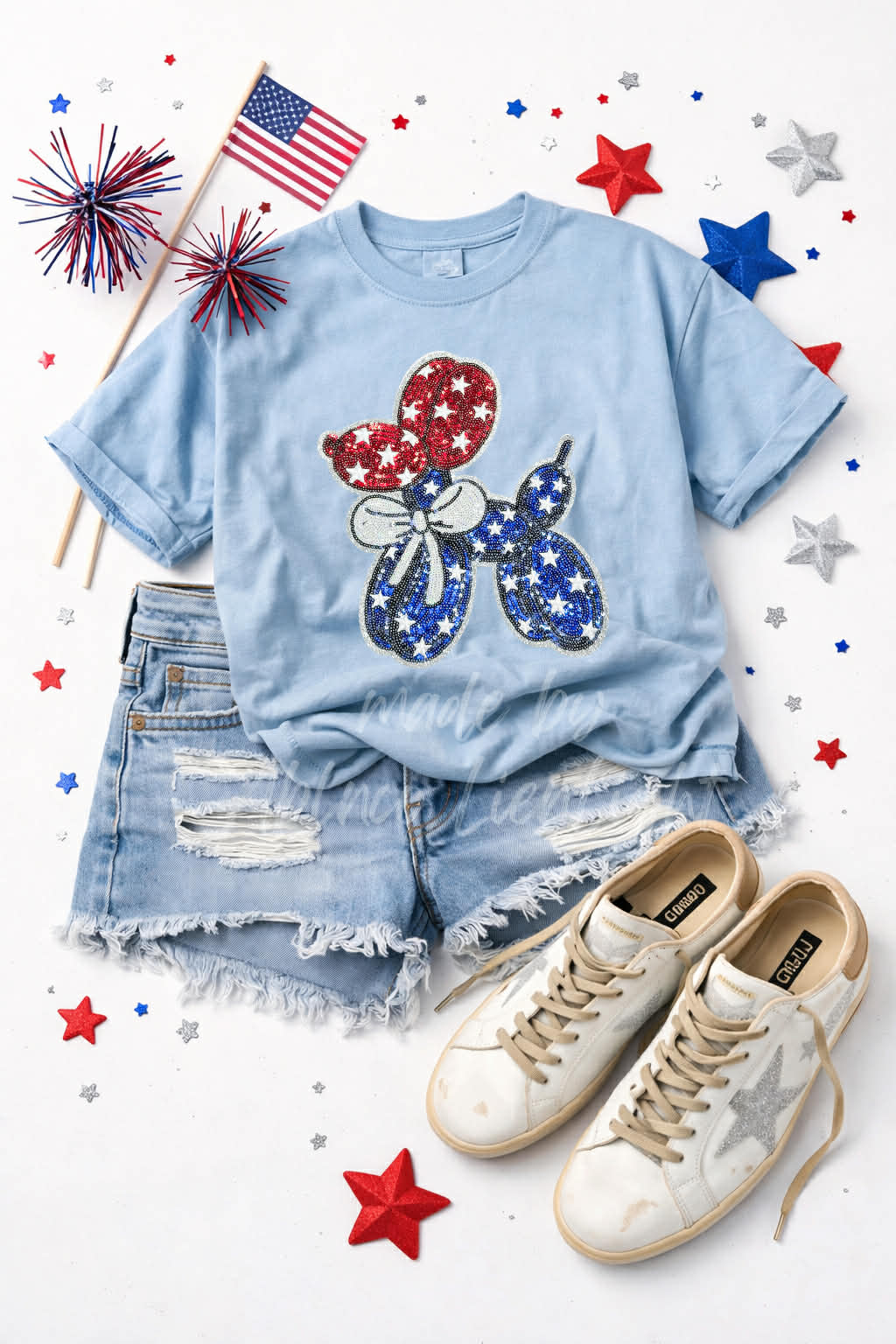 Red White and Blue Balloon Dog 4th of July Sequin Patch Tshirt