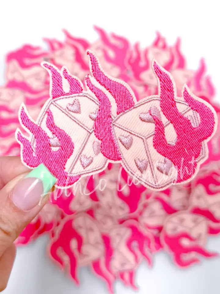 Pink Flame Dice Embroidery Patch