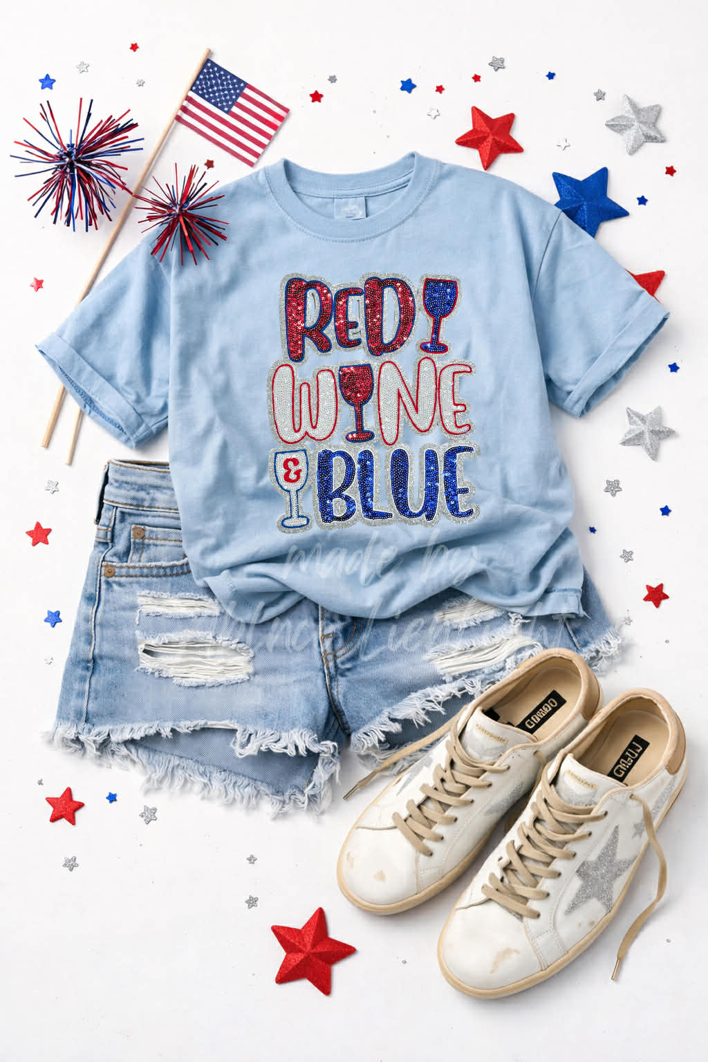 Red Wine and Blue 4th of July Sequin Patch Tshirt