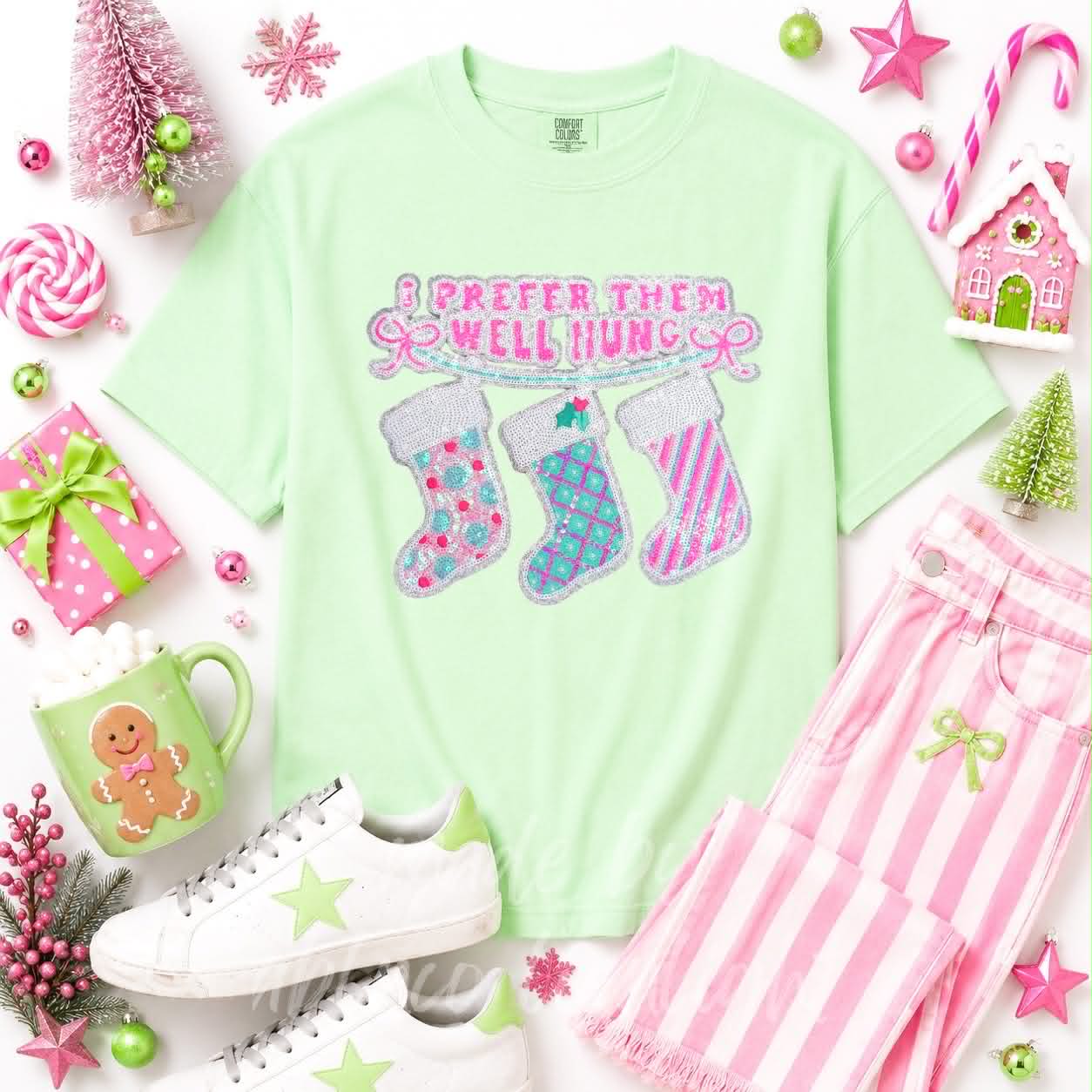 Prefer Them Well Hung Stockings Christmas Sequin Patch Tshirt