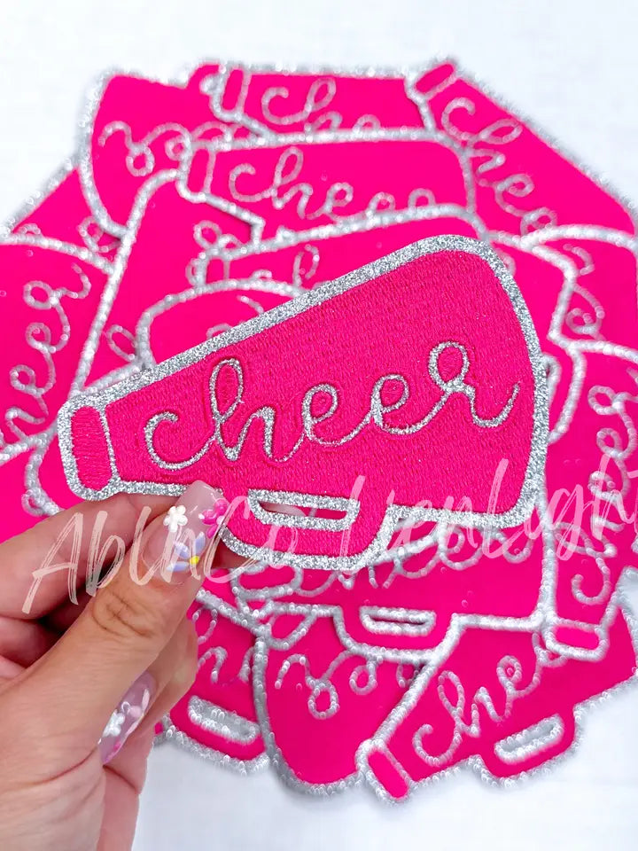 Hot Pink Cheer Megaphone Silver Embroidery Patch