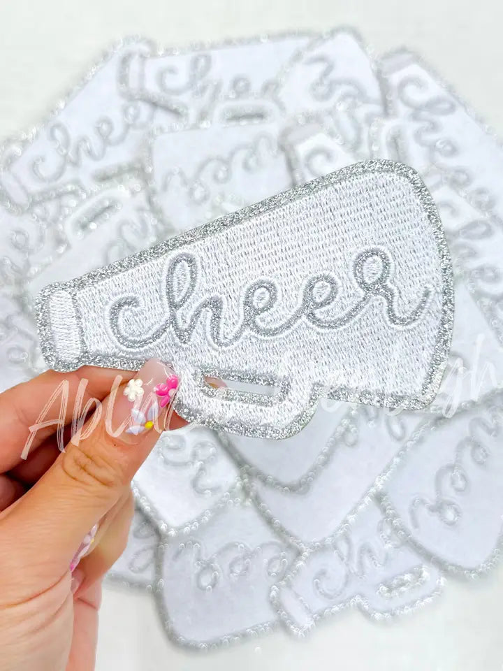White Cheer Megaphone Silver Embroidery Patch