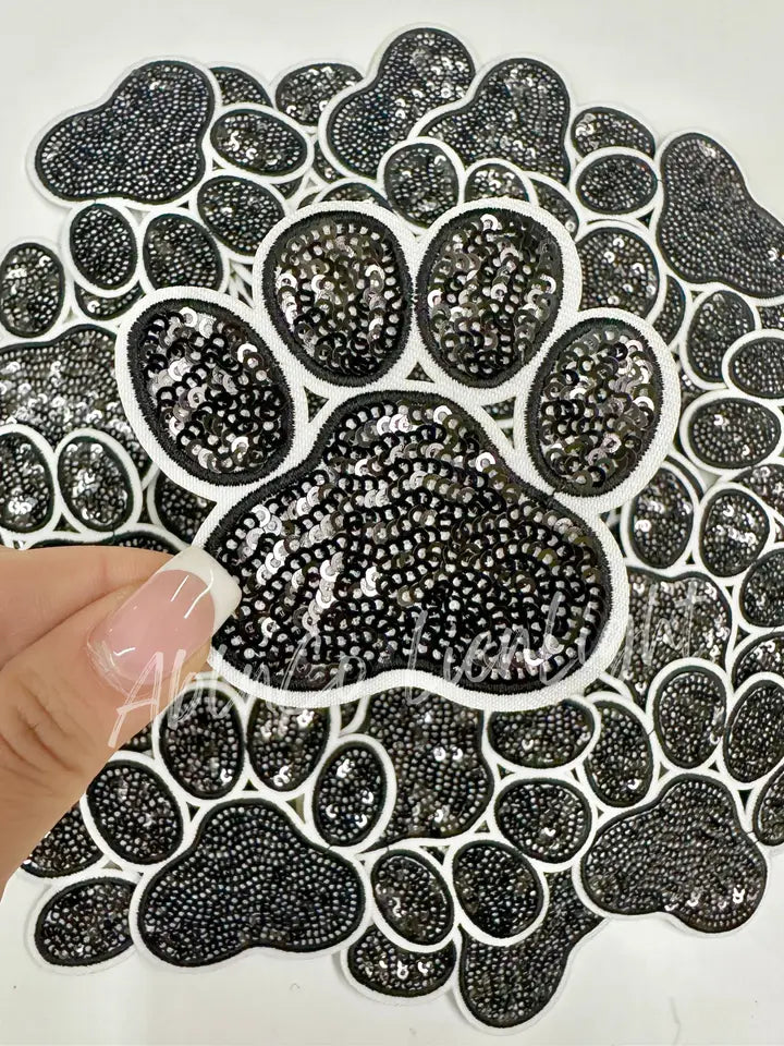 Black Sequins Paw Print Embroidery Patch