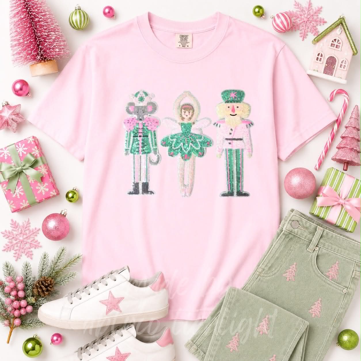 Nutcracker Ballerina Trio Christmas Sequin Patch Tshirt