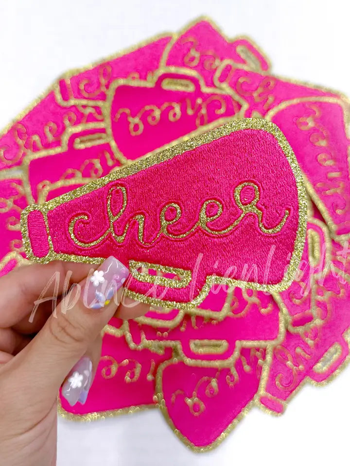 Hot Pink Cheer Megaphone Gold Embroidery Patch