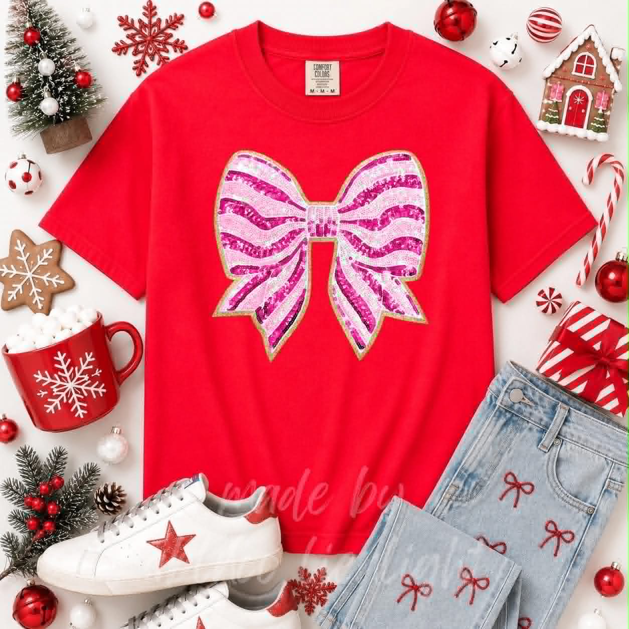 Pink Stripe Bow Christmas Sequin Patch Tshirt