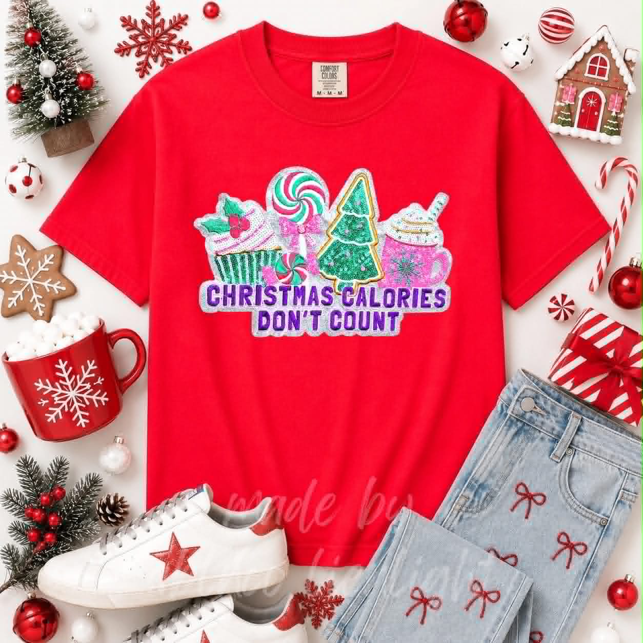 Christmas Calories Don't Count Christmas Sequin Patch Tshirt