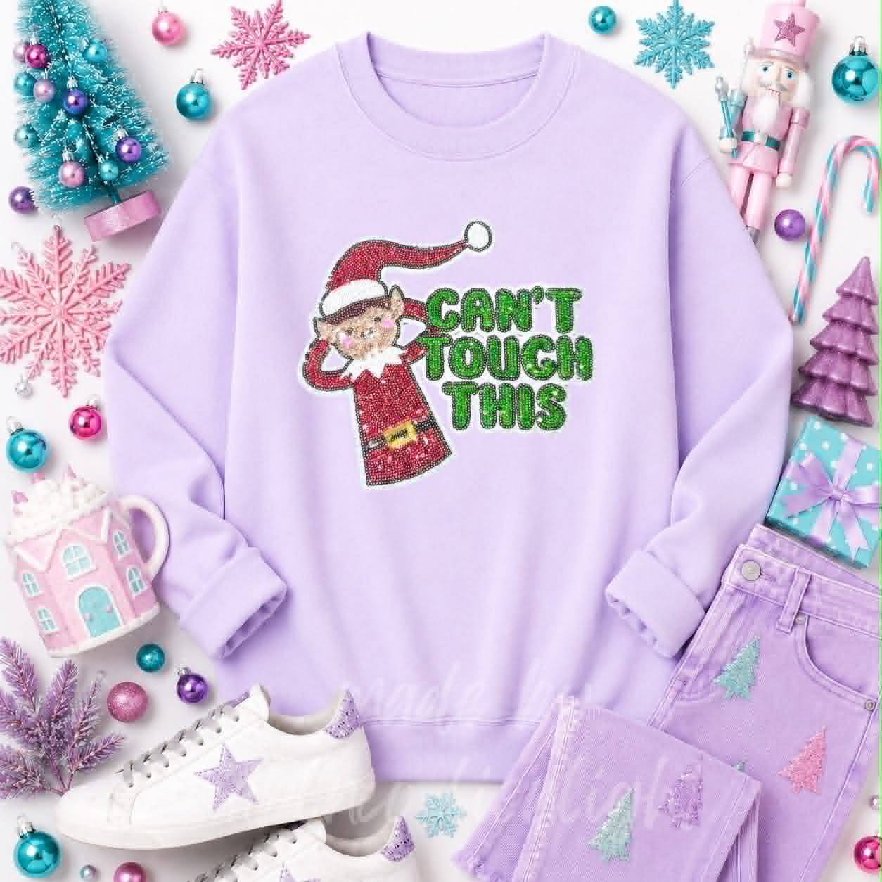 Can't Touch This Elf Christmas Sequin Patch Sweatshirt