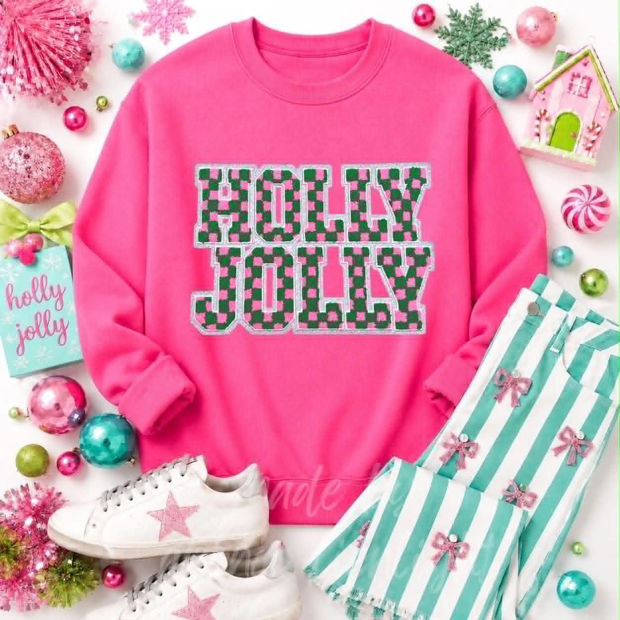 Checkered Holly Jolly Christmas Sequin Patch Sweatshirt