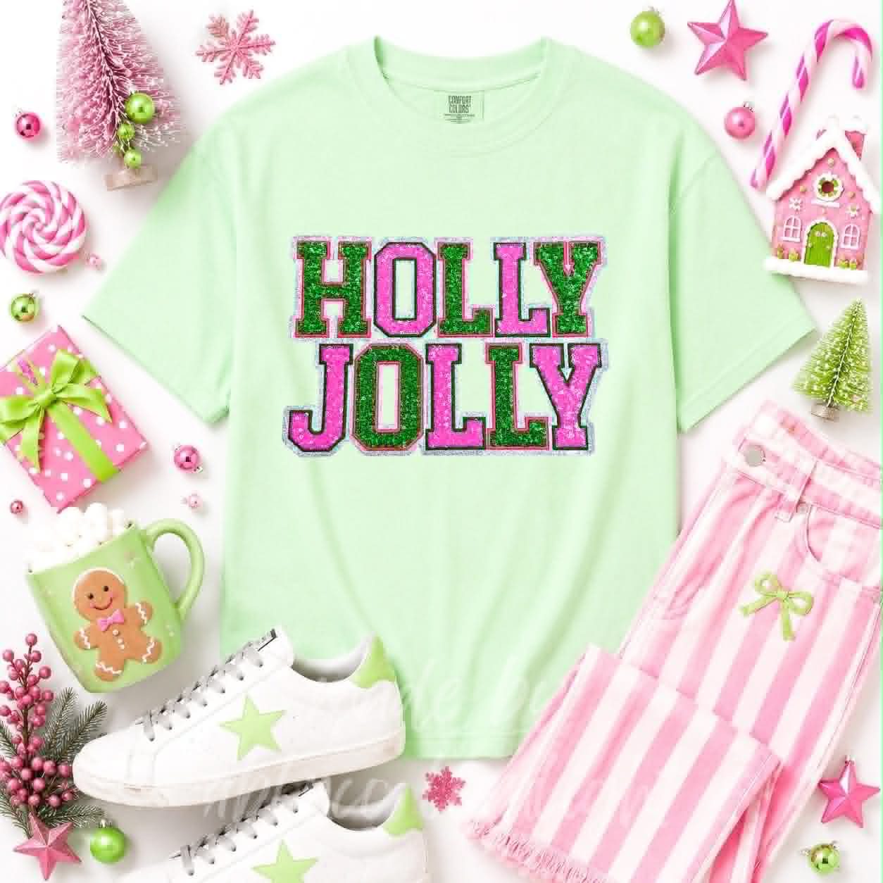 Pink & Green Holly Jolly Christmas Sequin Patch Tshirt