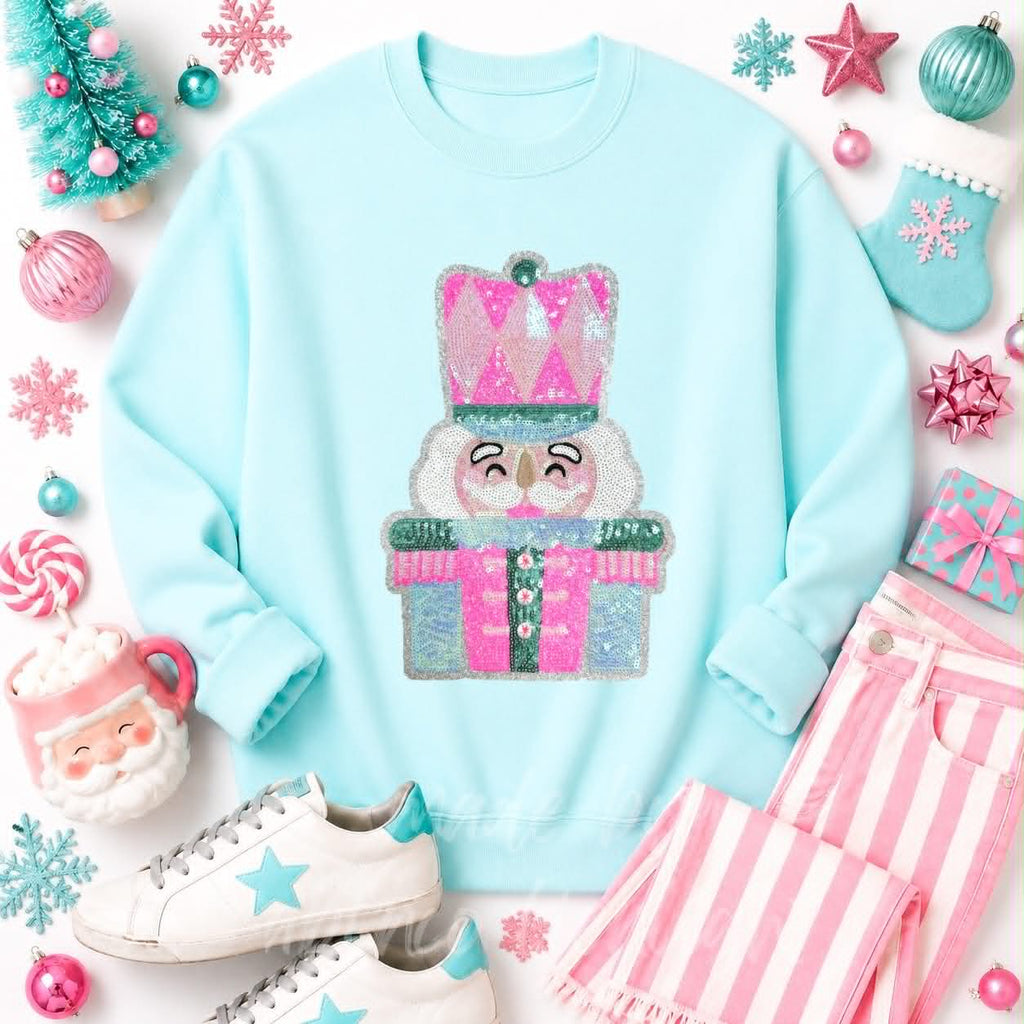 Pink & Mint Nutcracker Christmas Sequin Patch Sweatshirt
