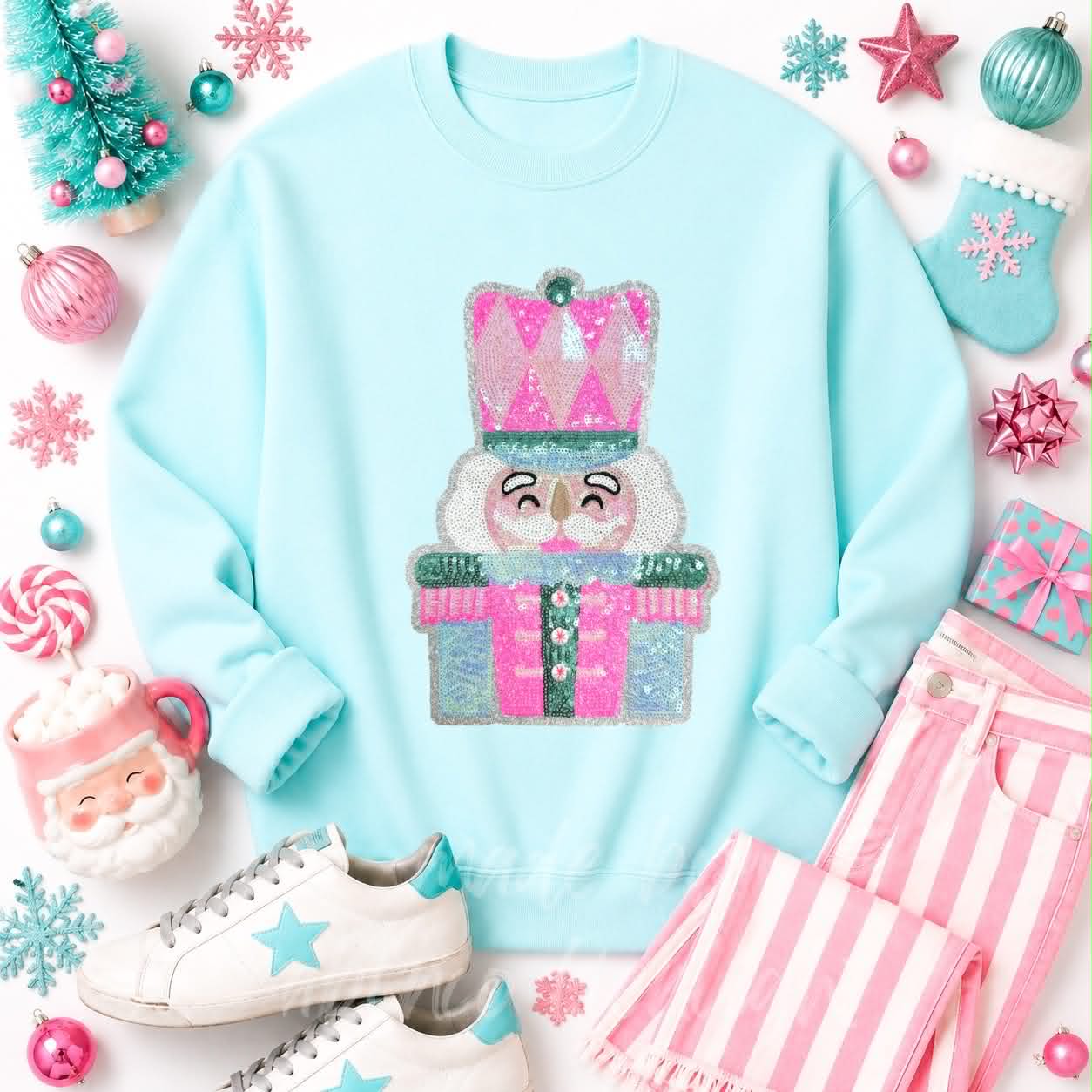 Pink & Mint Nutcracker Christmas Sequin Patch Sweatshirt
