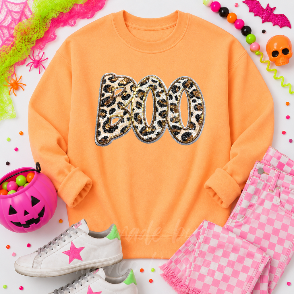 Cheetah Print Boo Halloween Sequin Patch Sweatshirt