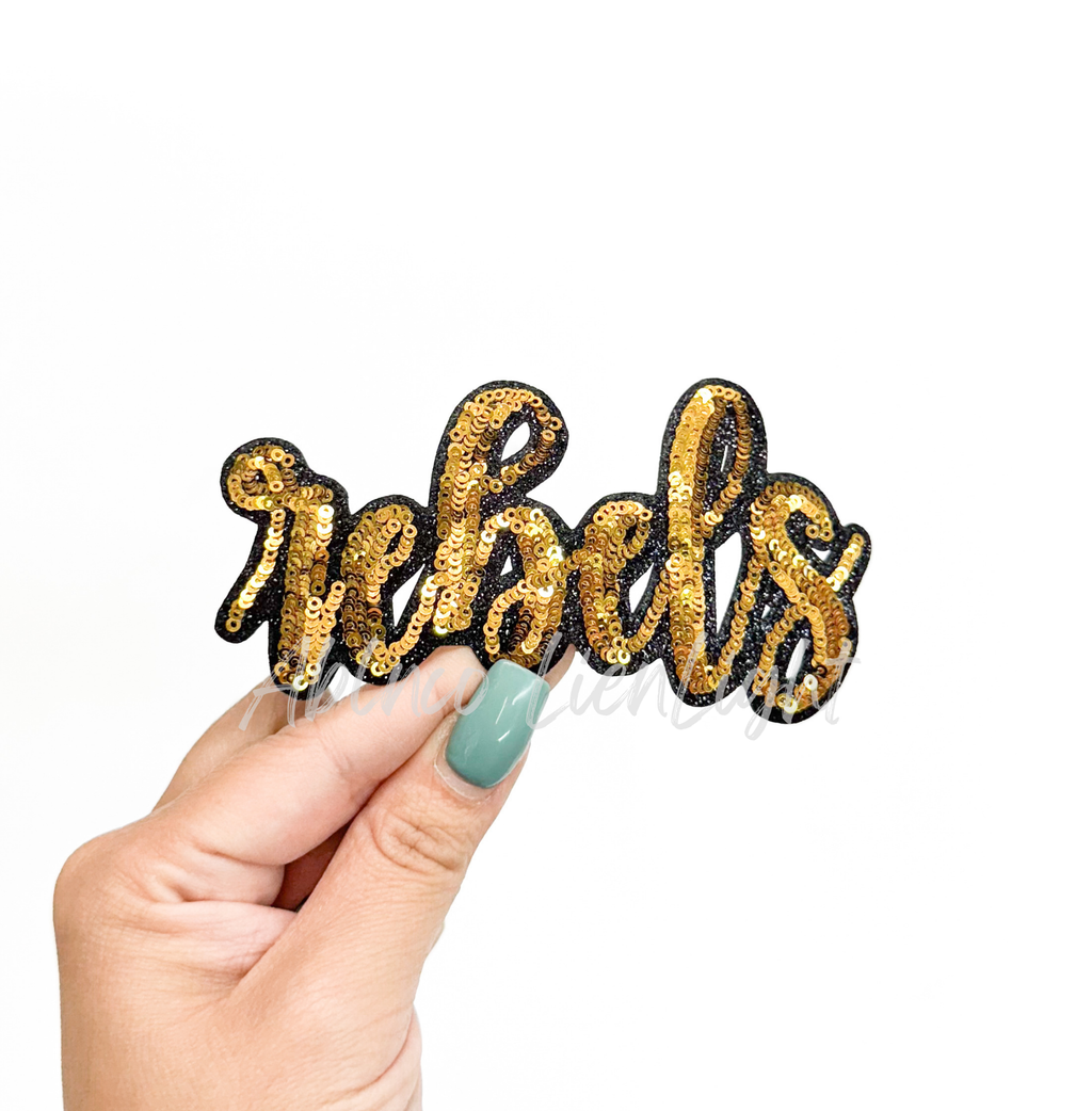 Rebels Mascot Gold Script Sequin Patch - Small