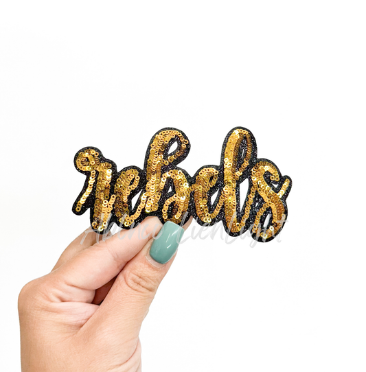 Gold Rebels Mascot Script Letter Sequin Patch - Small