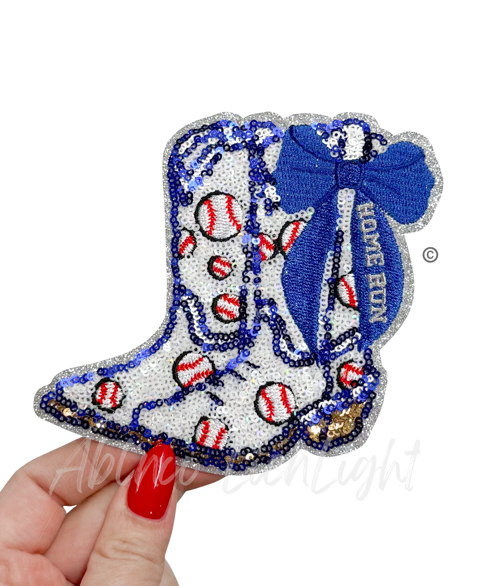 Baseball Homerun Royal Blue Bow Boots Sequin Patch - Small