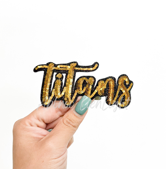Gold Titans Mascot Script Letter Sequin Patch - Small