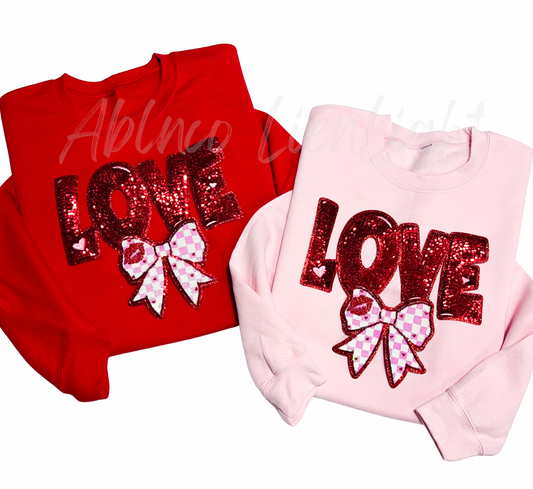 Love Checkered Bow Valentines Day Sequins Patch Sweatshirt