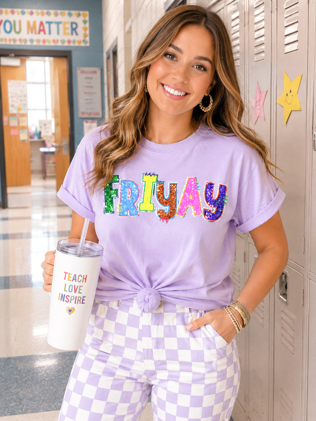 Colorful Friyay Teacher Sequin Patch Tshirt
