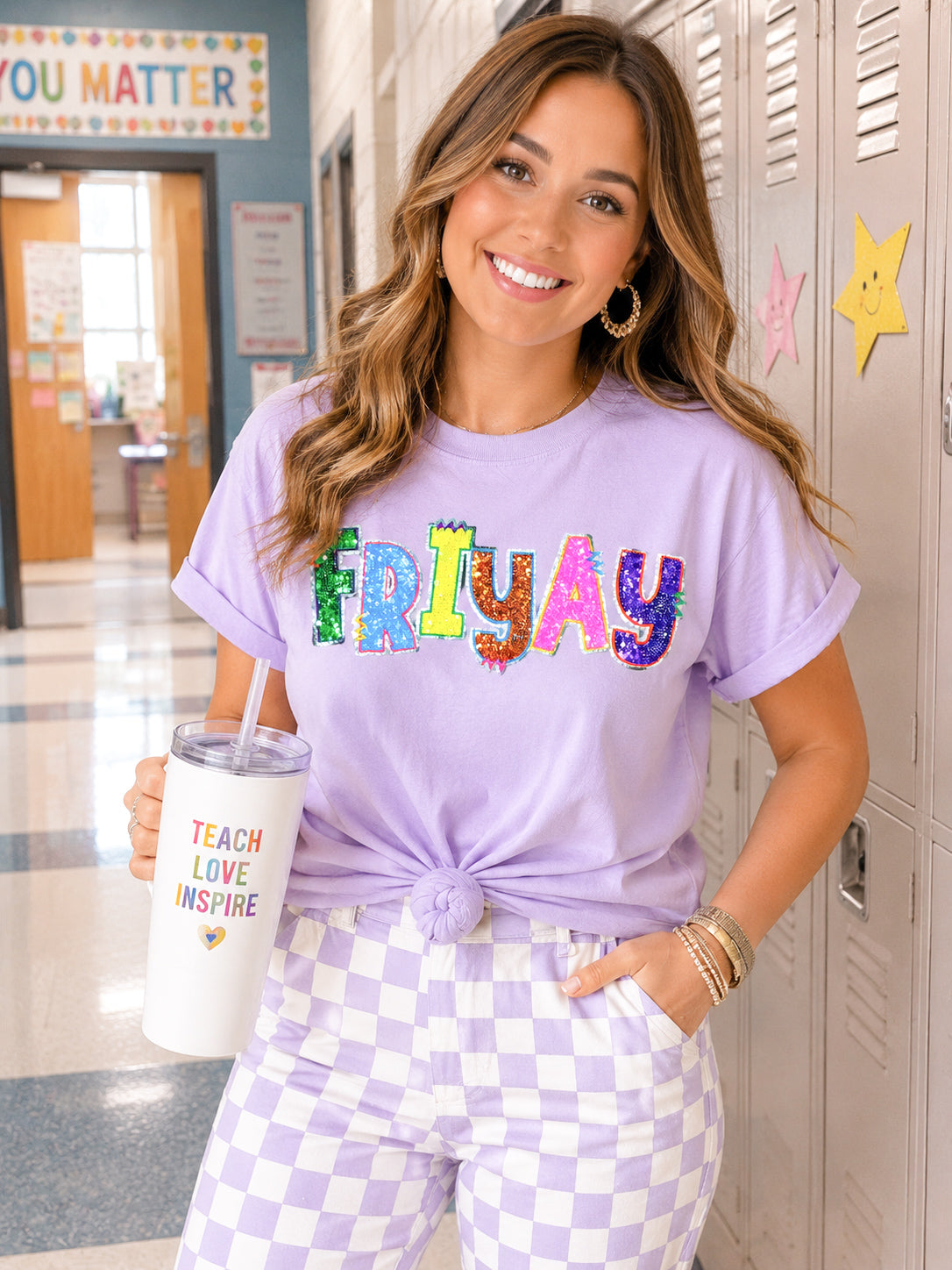 Colorful Friyay Teacher Sequin Patch Tshirt