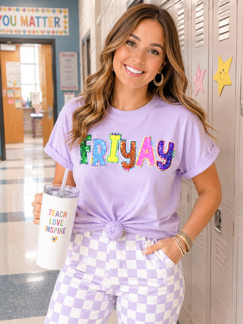 Colorful Friyay Teacher Sequin Patch Tshirt