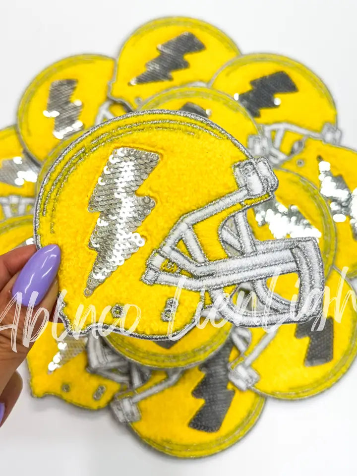 Gold Football Helmet Chenille Sequin Patch