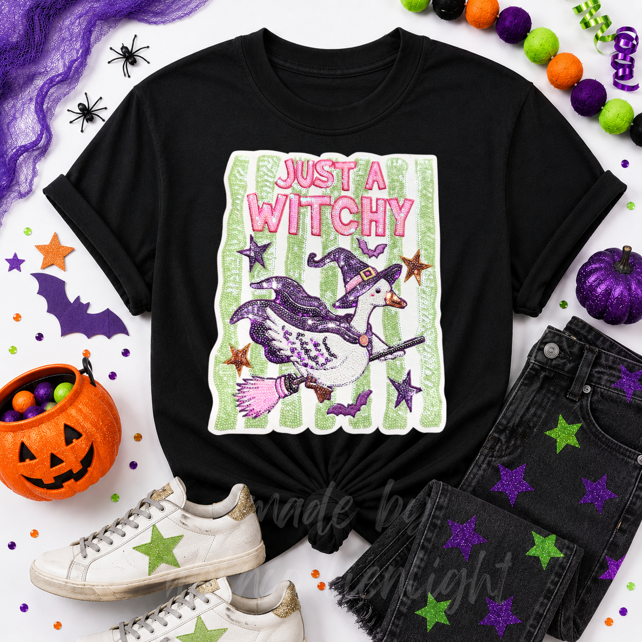 Just A Witchy Goose Halloween Sequin Patch Tshirt