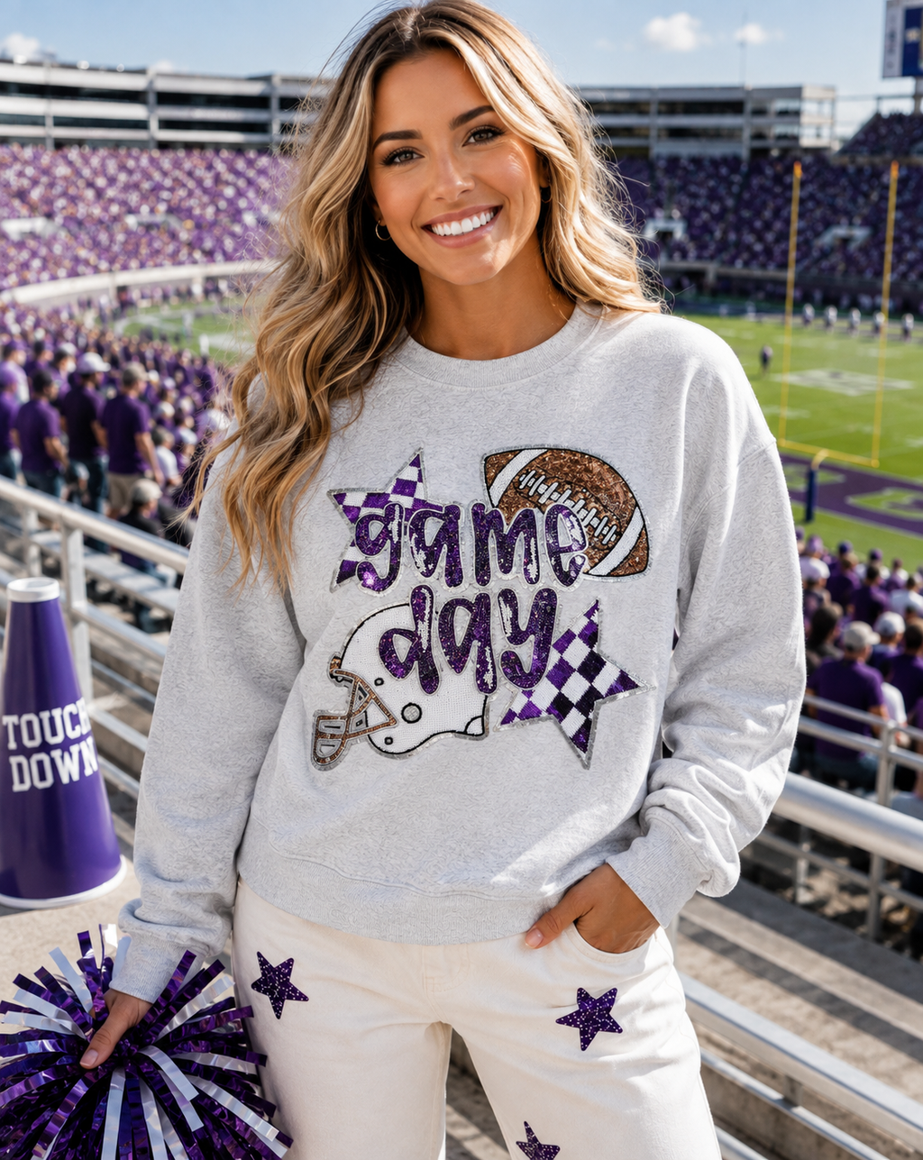 Purple Game Day Checkered Football Sequin Patch Sweatshirt