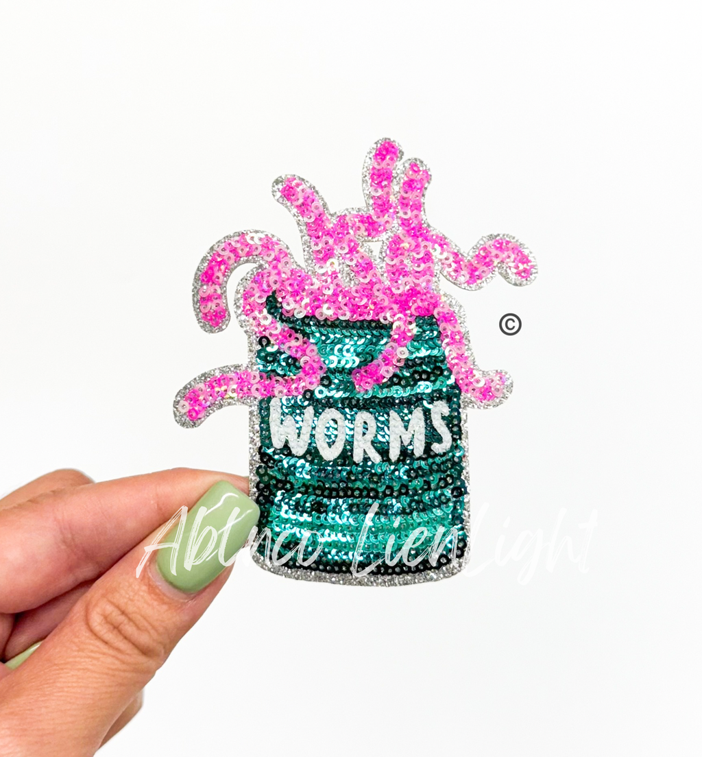 Worms Can Fishing Pink Sequin Patch