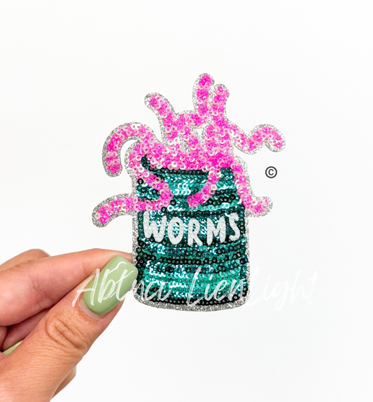 Preppy Pink Glitter Worms Can ©️ Fishing Sequin Patch