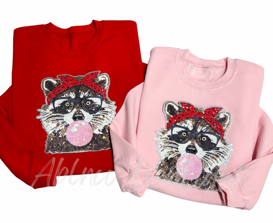 Sequins Bubble Gum Raccoon Valentines Day Patch Sweatshirt