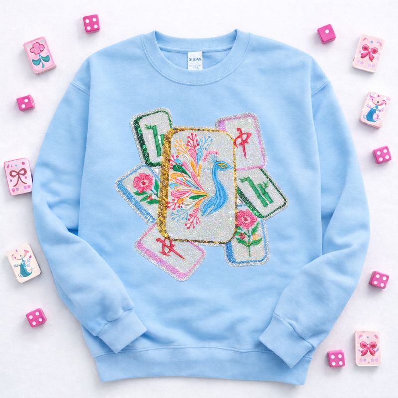 Mahjong Bird Game Tiles Sequin Patch Sweatshirt