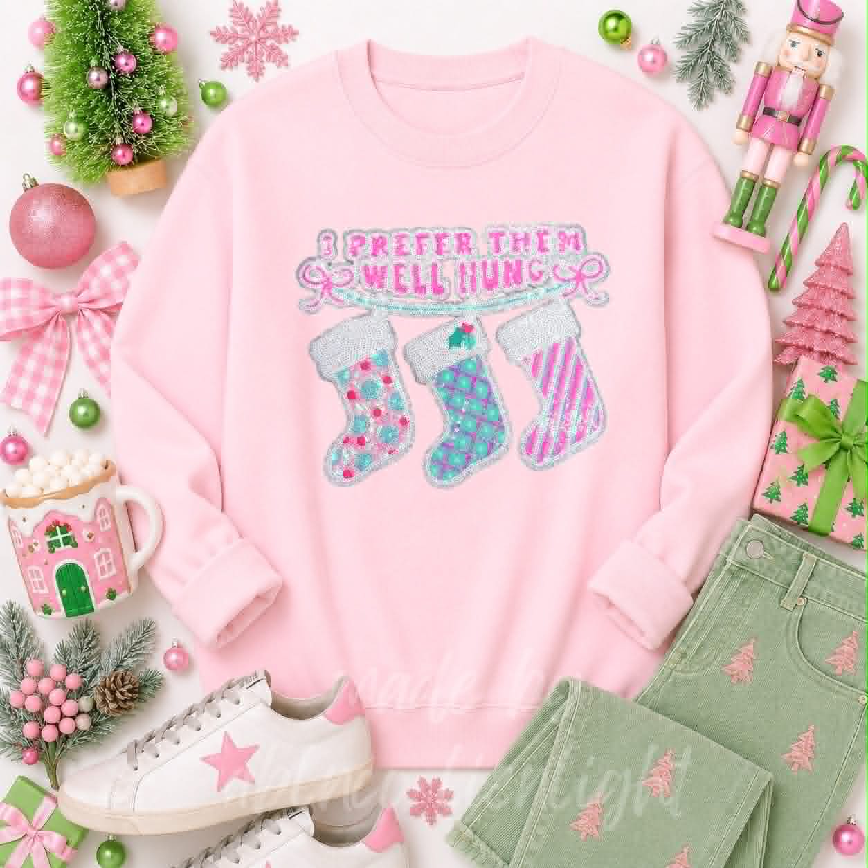 I Prefer Them Well Hung Stockings Christmas Sequin Patch Sweatshirt
