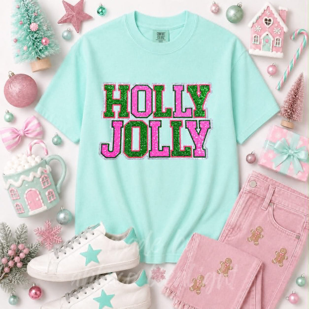 Pink & Green Holly Jolly Christmas Sequin Patch Tshirt