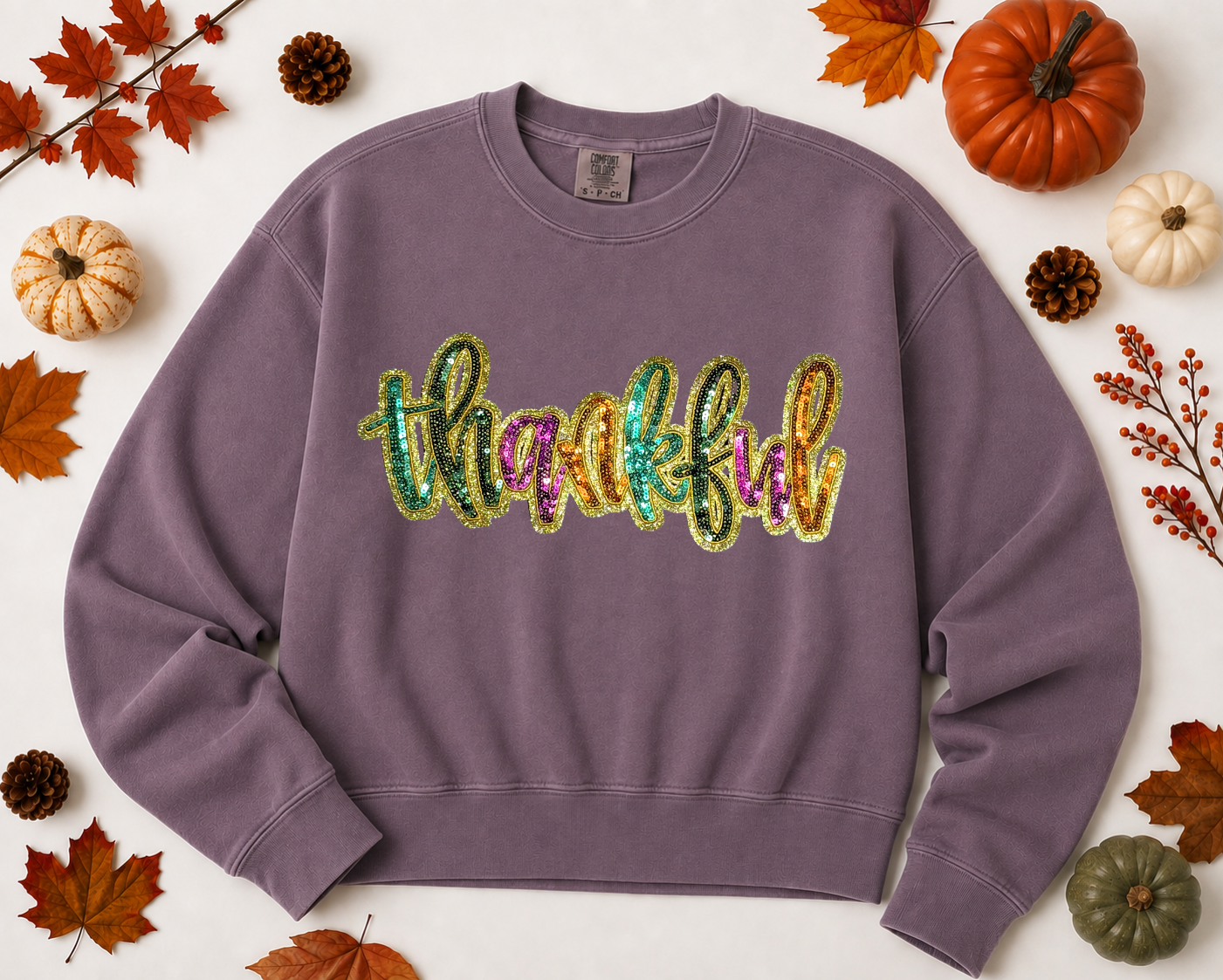 Colorful Thankful Thanksgiving Fall Sequin Patch Mid Length Sweatshirt