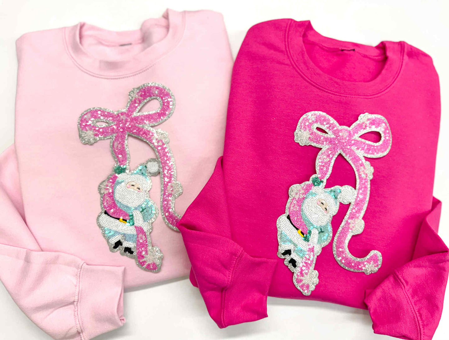 Bow Hanging Santa Sequins Christmas Patch Sweatshirt