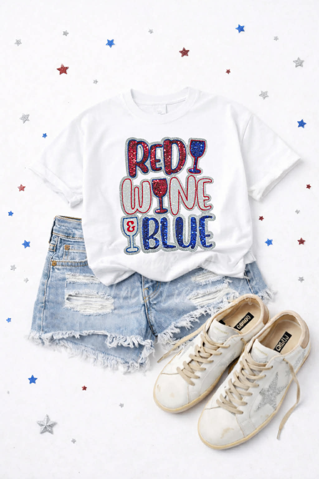 Red Wine and Blue 4th of July Sequin Patch Tshirt