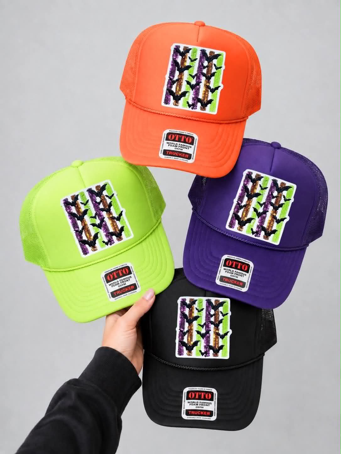 Colorful Striped Bats Halloween Sequin Patch Otto Trucker Hat