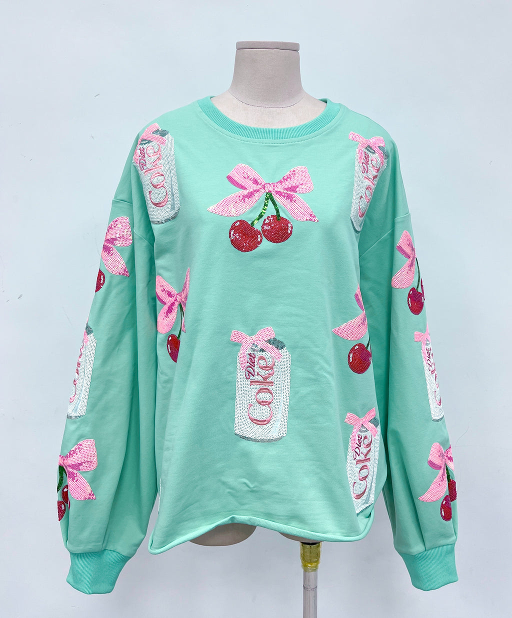 Sparkles Sequins Diet Coke Cherries Pink Bow Mint Sweatshirt
