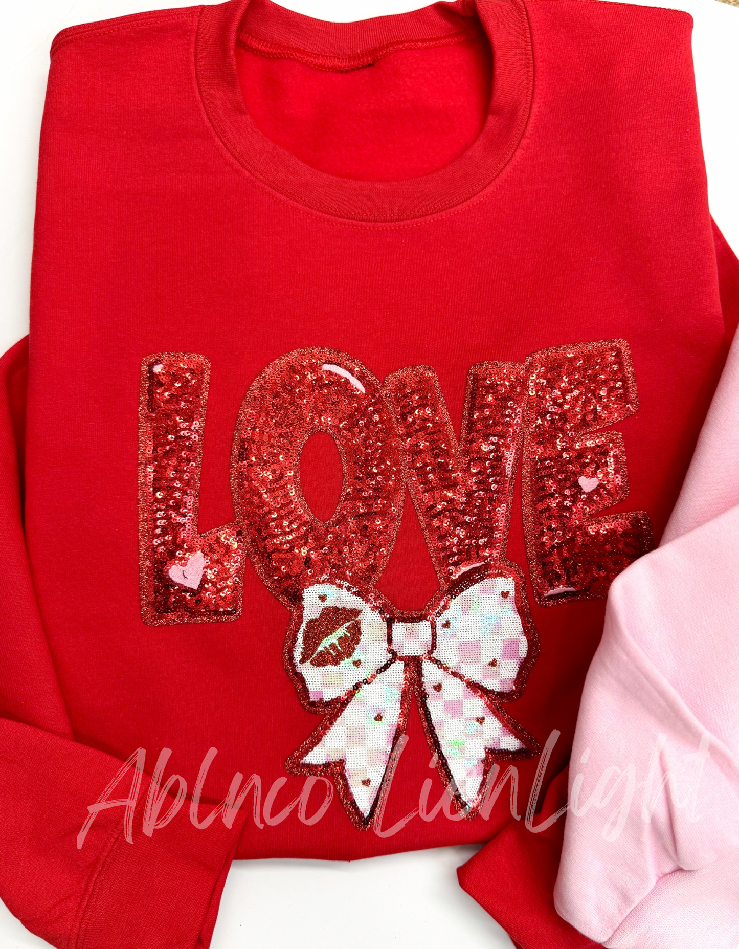 Love Checkered Bow Valentines Day Sequins Patch Sweatshirt