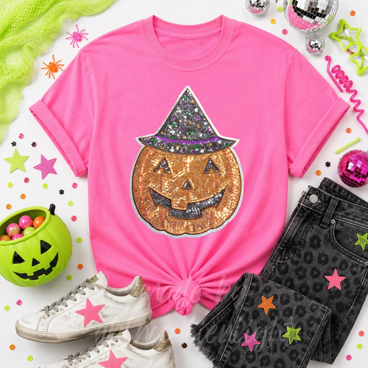 Witchy Pumpkin Halloween Sequin Patch Tshirt